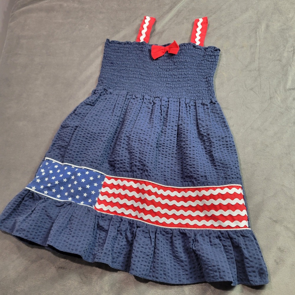 Rare‎ Editions Girls Navy Seersucker Patriotic American Flag Dress 6X Smocked